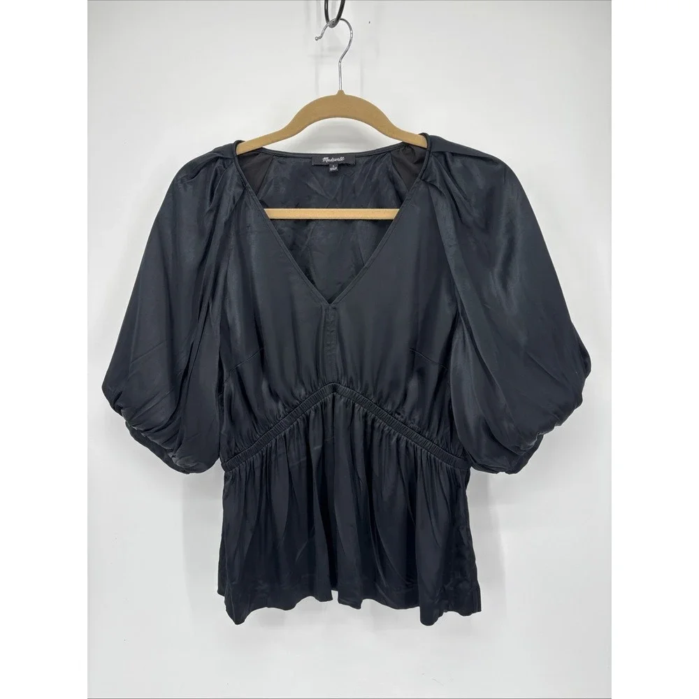 Madewell Shirred Puff-Sleeve Satin Top Large Black Kathleen Witchy Ren Faire